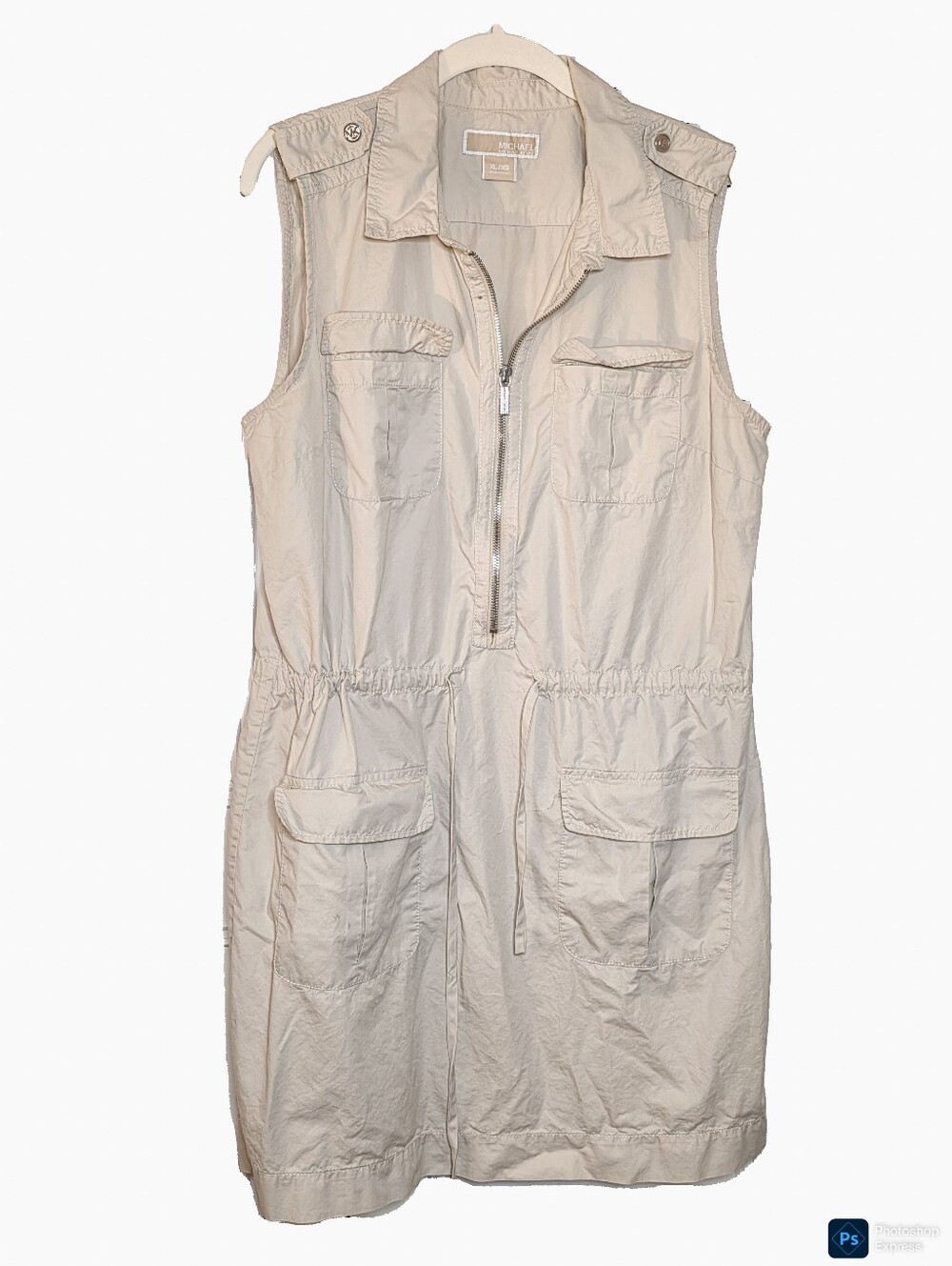 Michael Kors Sleeveless Utlity Cargo Dress Tie Waist Casual Midi Khaki Tan XL - Picture 2 of 8
